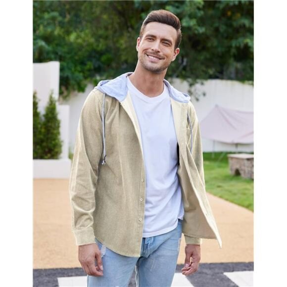 Men's Corduroy Shirt Hoody Long Sleeve‎ Button Down Casual Stylish Jacket - Picture 4 of 5